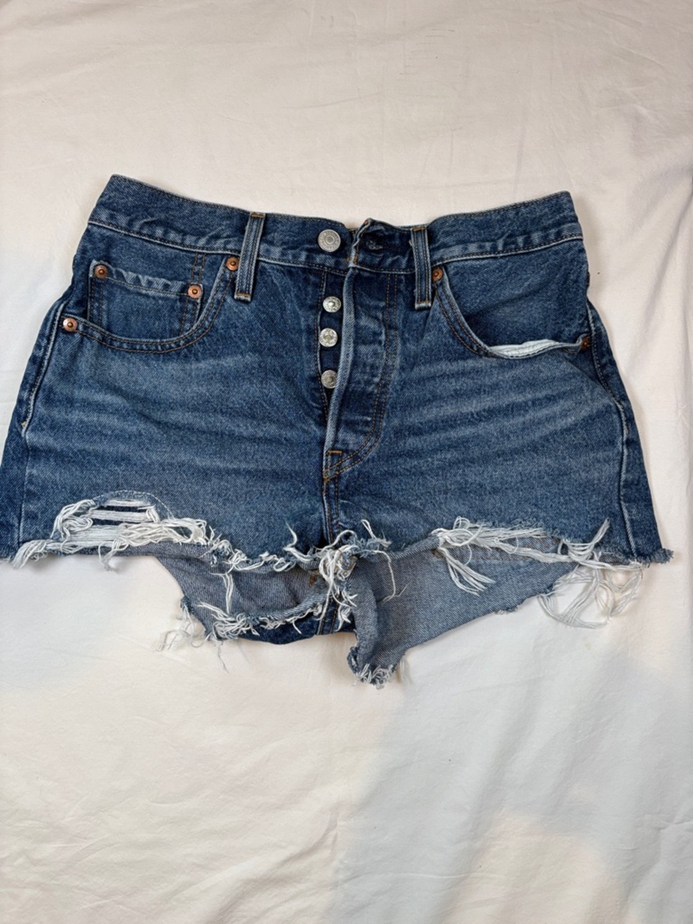 Levi's Frayed Button-Fly Dark Blue Denim Shorts